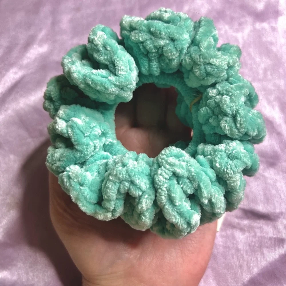 Handmade VELVET Pastel Aqua Green Crochet Scrunchie Chunky Oversized Hair Tie